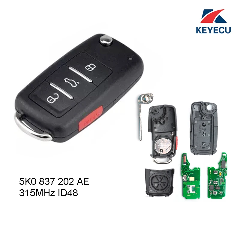 Запасной дистанционный ключ брелок KEYECU 315 МГц ID48 для Volkswagen Beetle Jetta Eos Golf Tiguan GTI 2011 2013