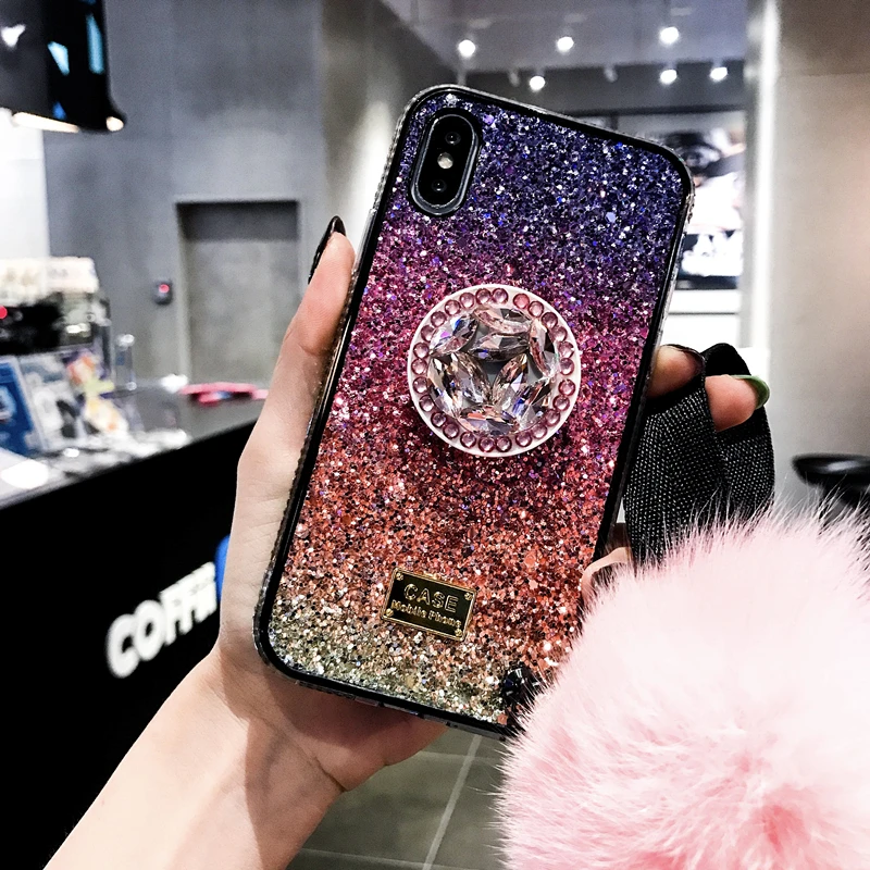 Роскошные милые блестящие Радуга 3D diamond держатель подставка чехол для телефона для iphone X XR XS MAX 6S 7 8 plus с маленькими пушистыми помпончиками для ремешок чехол coque