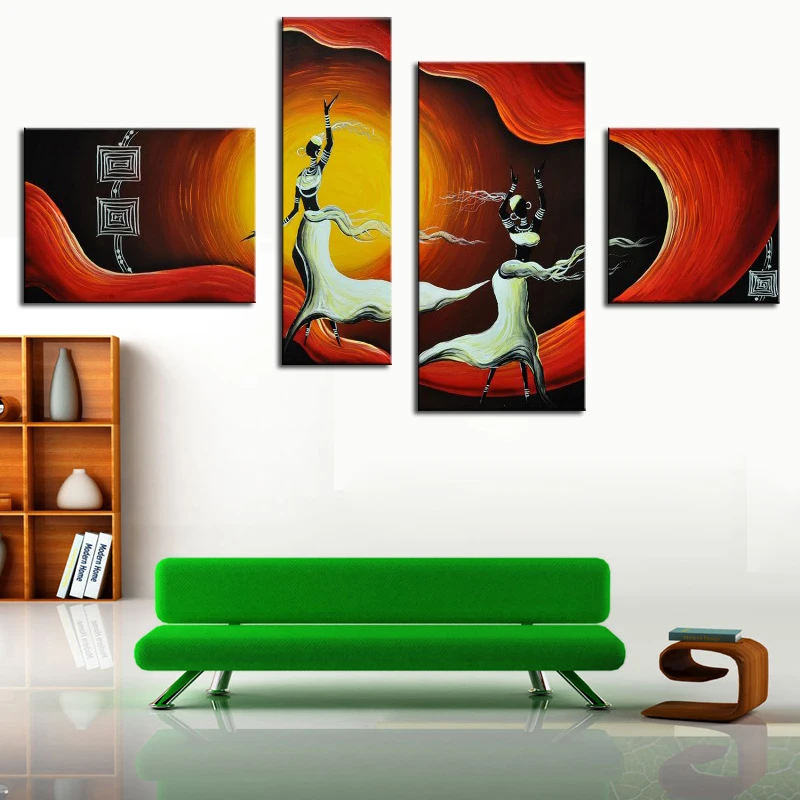 Африканская танцевальная группа 4 панели холст искусство абстрактная