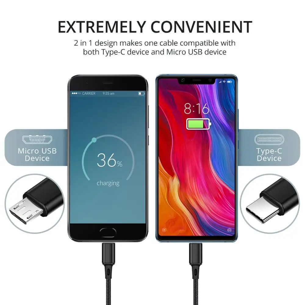 Кабель Micro USB 2 в 1 двустороннее Зарядное устройство Type C нейлоновый для зарядки