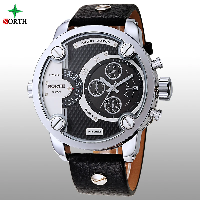 Для мужчин спортивные часы кварцевые военные Элитный бренд кожа Oversize Dual Time Часы 30