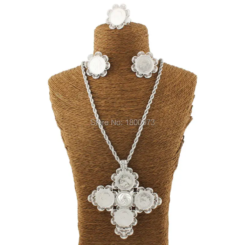 Newest Big Size Cross Ethiopian wedding Habesha jewelry sets For Women Silver Plated Jewelry African bridal | Украшения и