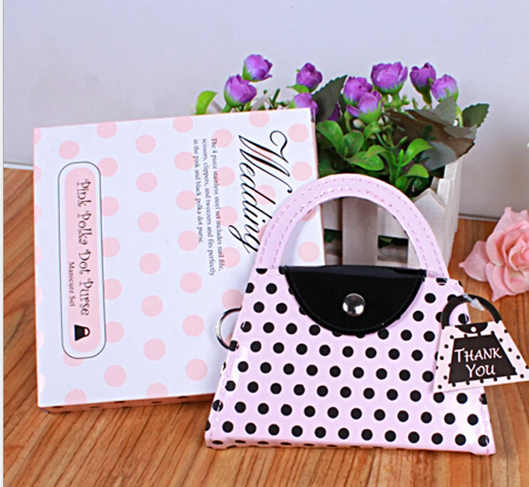 

100sets/lot Pink Polka Purse Manicure Set Pedicure Wedding Favor Gift