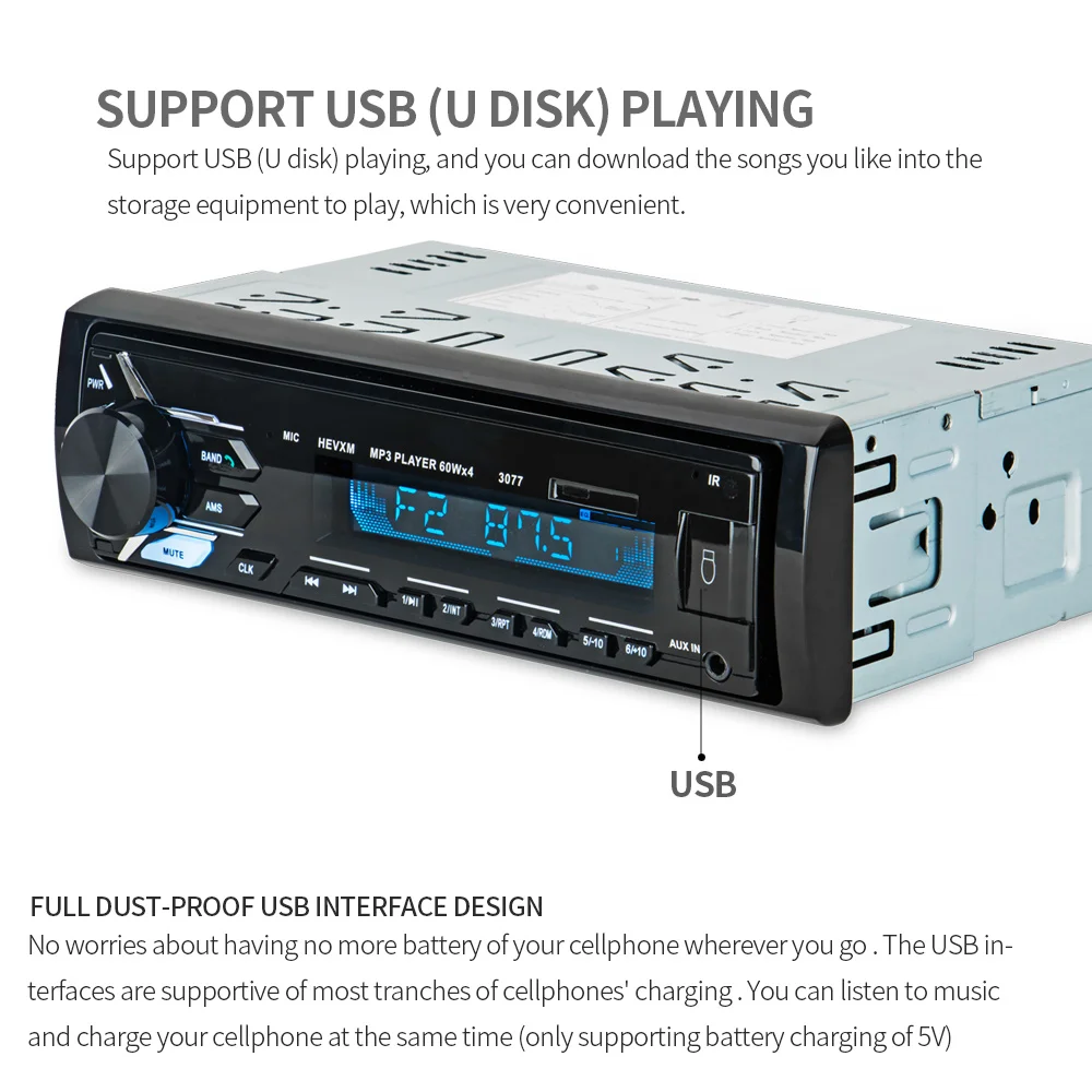 HEVXM 3077 Bluetooth Радио 12 В Aux вход стерео аудио In dash 1 Din FM USB пульт дистанционного