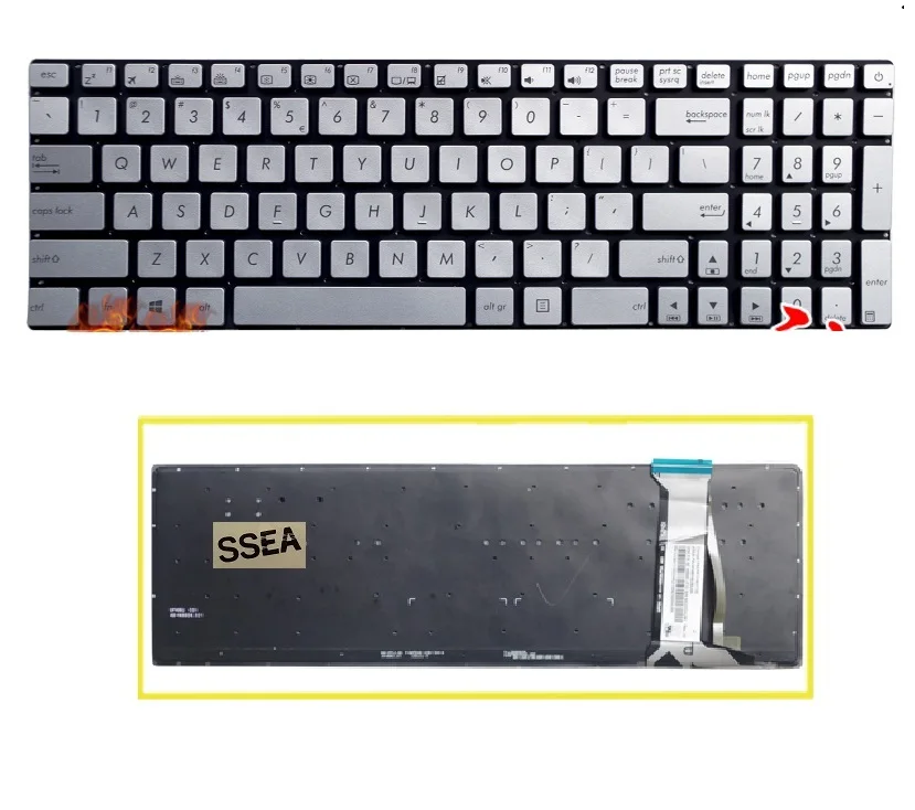 Клавиатура SSEA для ноутбука ASUS N551, N551JM, N551JQ, N551JW, N551JX, серебристая, без рамки