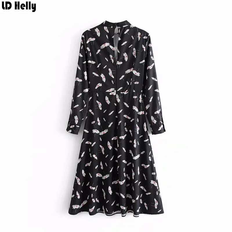 Женское плиссированное платье до середины икры LD Helly винтажное с длинным рукавом