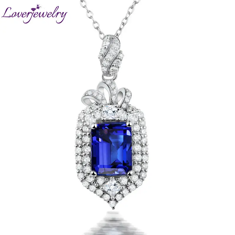 

LOVERJEWELRY Tanzanite Pendants Solid 18Kt White Gold Diamond Emerald Cut 7x9mm Blue Tanzanite Party Pendant Necklace For Women