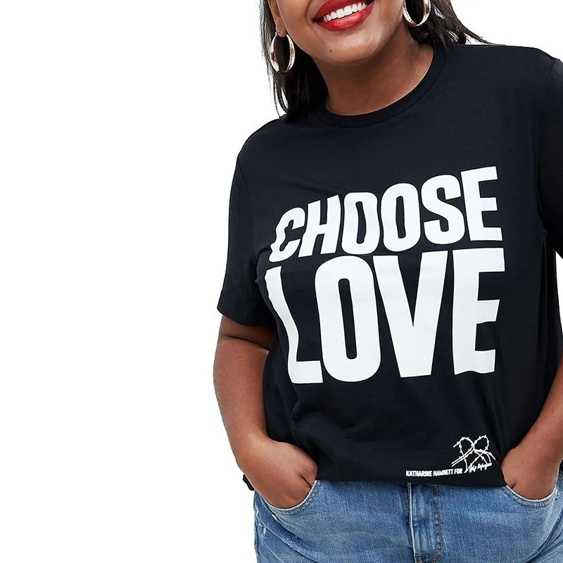 Kissmilk Новая модная футболка для отдыха с круглым воротником и надписью «Choose Love», большие размеры 3XL-7XL, летняя Офисная Женская футболка - Цвет: Черный