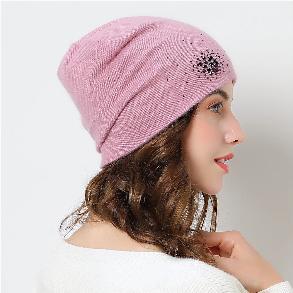 Зимняя вязаная шапка Skullies для женщин с теплой подкладкой, со стразами, шапка бини, женский, хорошее качество, шапки из ангорской шерсти