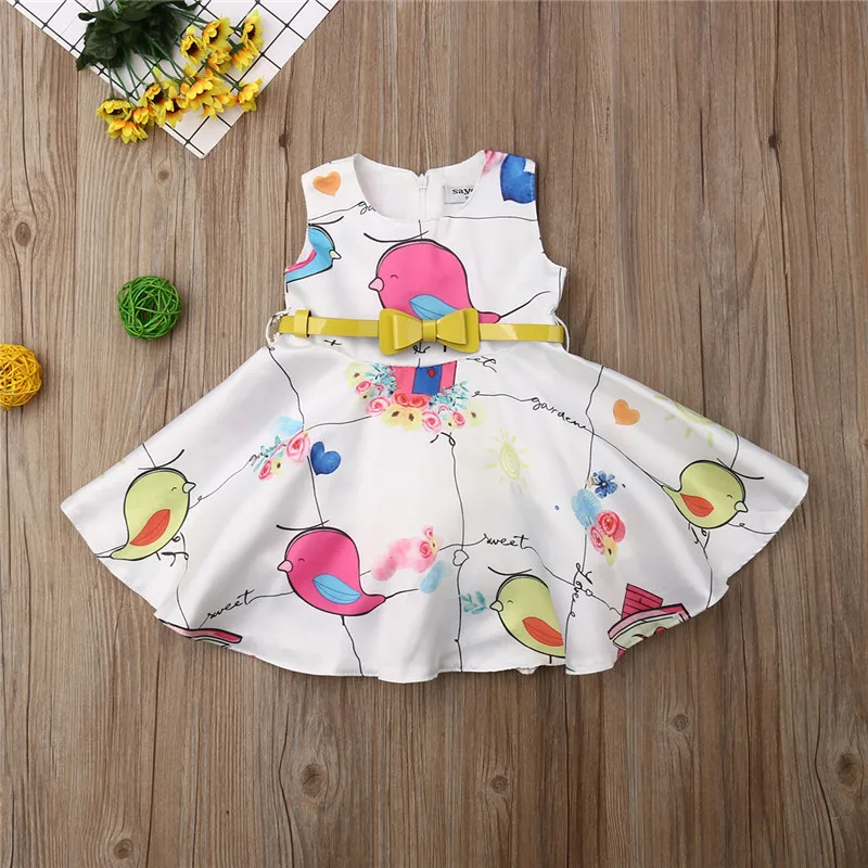 Kids Baby Girls Bird Dress Formal Sleeveless O-Neck Party Pageant Princess High Waist Sundress with Bow Belt 1-5T | Детская одежда и