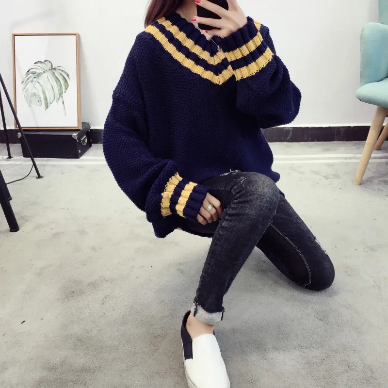 Женский свободный свитер с V-образным вырезом осенняя Толстая куртка в Корейском