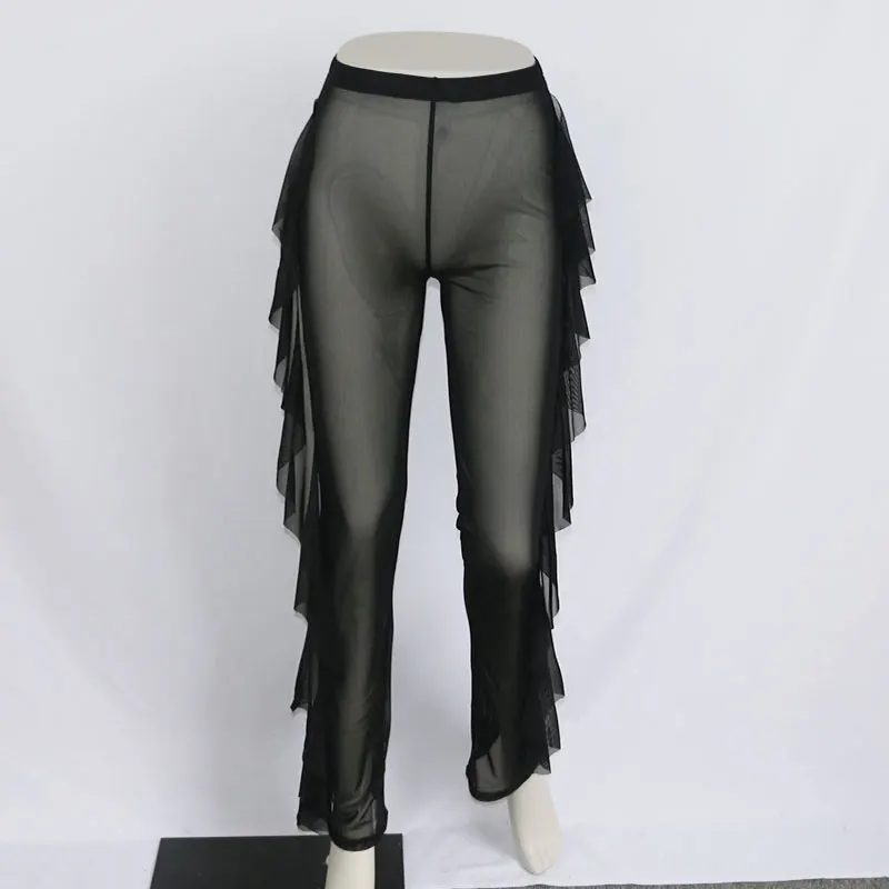 Длинные сетчатые широкие брюки с прозрачными оборками лето 2018 высокая талия