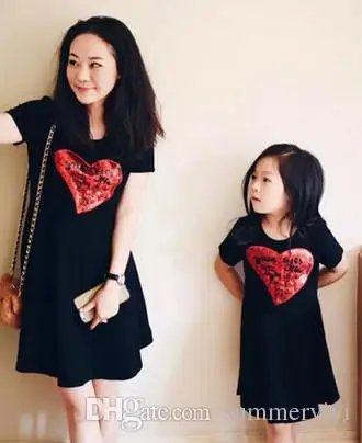 2016 новый мать и дочь одежда девушки красные блестки в форме сердца с коротким