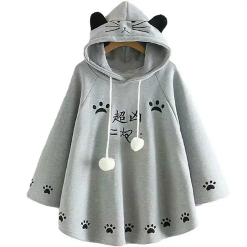 Толстовки для девочек в Стиле Лолита Harajuku плащ для женщин Kawaii кошачьи ушки Толстовка Осень Зима японский милый лапы Топ флис Свободные толстовки - Цвет: Серый