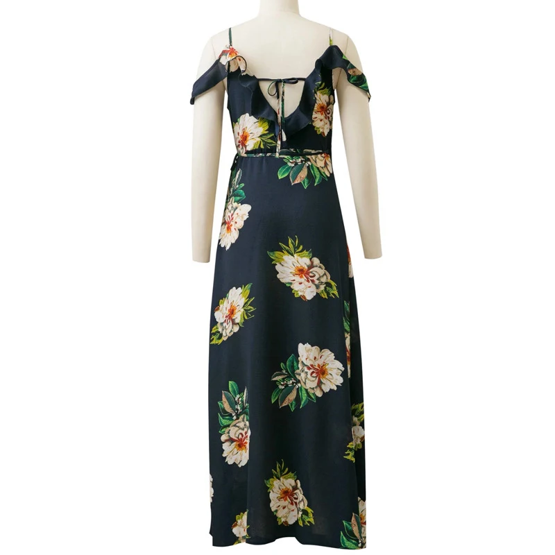 Floral Print Summer Dress 2018 Sexy V Neck Strap Long Women High Split Bohemian Beach Dresses Off Shoulder Vestidos Mujer | Женская