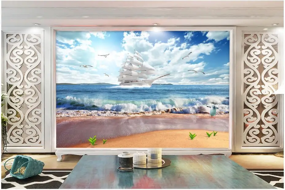 

WDBH Custom mural 3d photo wallpaper Seagull scenery by sea sailboats home decor 3d wall murals wallpaper for walls 3 d