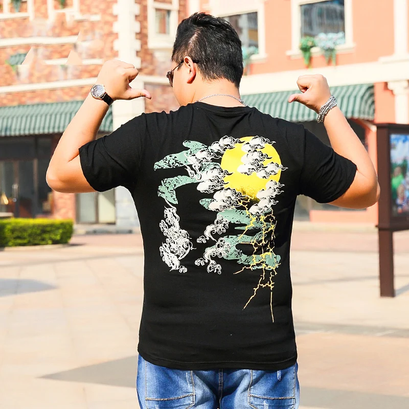 

black tops Free shipping men's short-sleeve guy big T-shirt printing fertilizer plus size loose half-sleeve shirt Chinese style