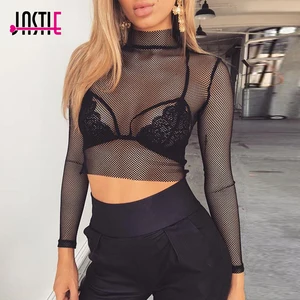 Женский ажурный топ Jastie, прозрачный укороченный топ с длинным рукавом и воротником-стойкой, сетчатая женская футболка, сексуальные топы