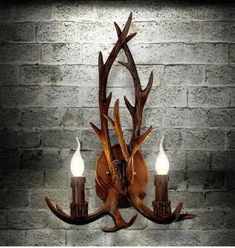  Art Deco Retro  Resin Antler Wall Lamp American Country Wall Light  Deer Horn candle Lampshade Wall Sconce 110-240V