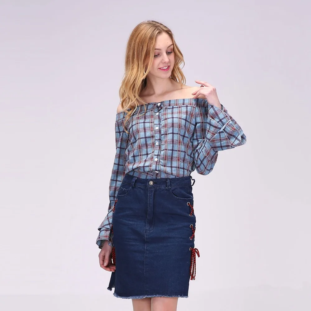 Женская блузка с открытыми плечами Dioufond элегантная хлопковая в клетку летние