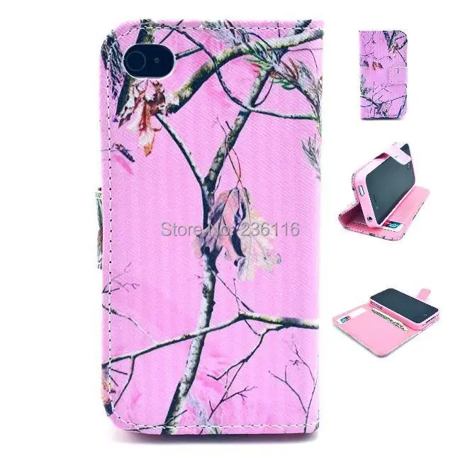 Pink Camo Tree Pattern PU Leather Case with Stand Cover for Apple iPhone 4 /4S Shell |