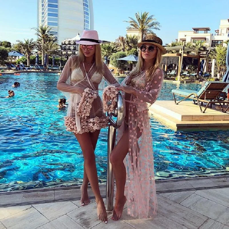 Розовое в горошек Bikini Cover up женский купальник со вставками-сетками прозрачная
