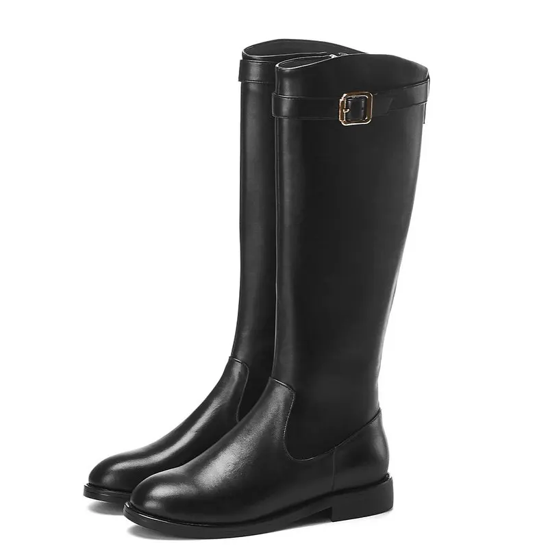 

Women Leather Boots Flat Heel Knee High Boots Fashion Zipper Buckle Motorcycle Boots Round Toe Autumn Winter Ladies Shoes 2019