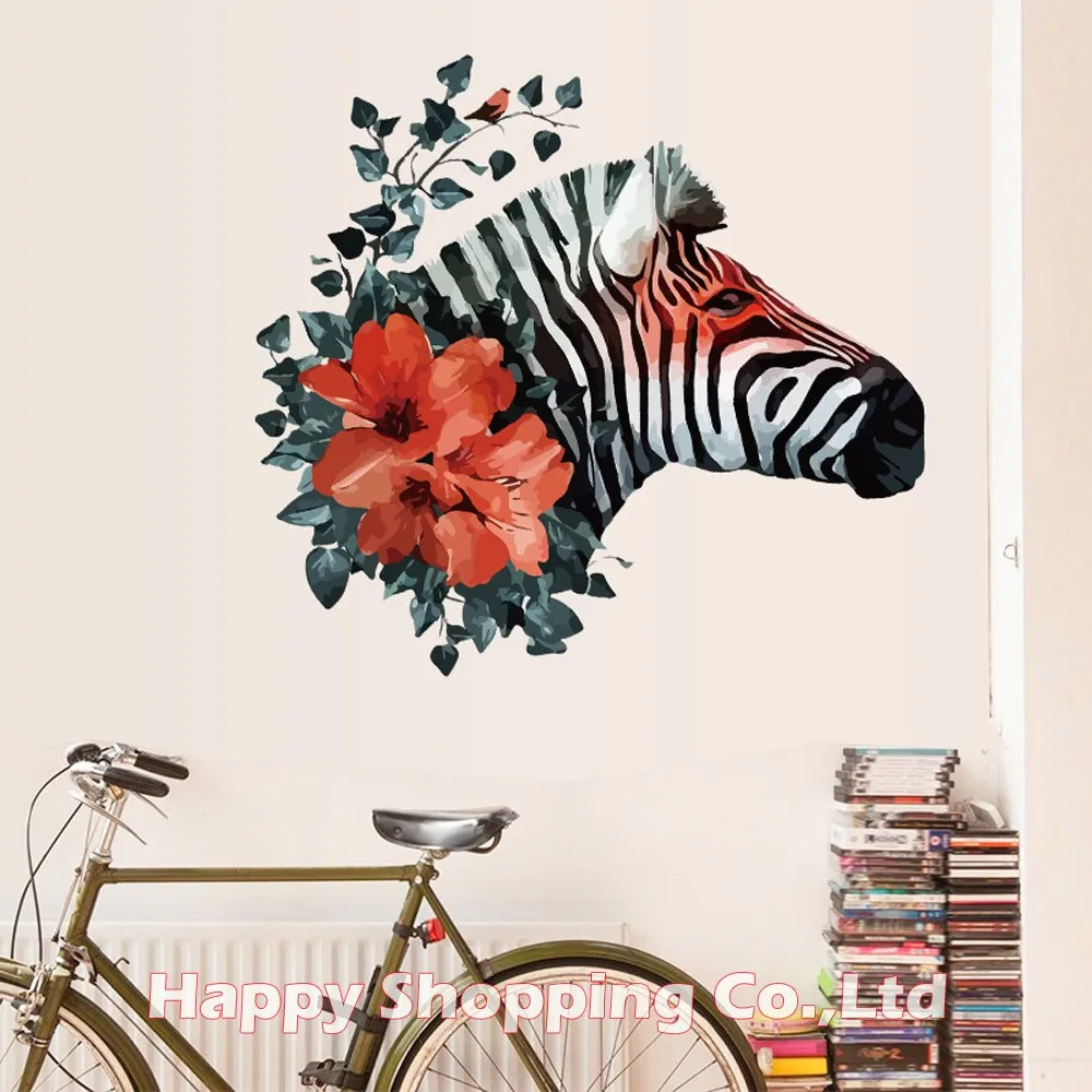 

New Arrival Black Zebra Red Flower 3D Art Wall Decals For Bedroom Dining Living Room Decorative Stickers Decor
