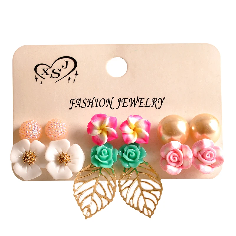 New hot fashion woman jewelry wholesale Girl Birthday Party pearl ear nail flower pattern with 6 pairs of /set lovers' Earrings |