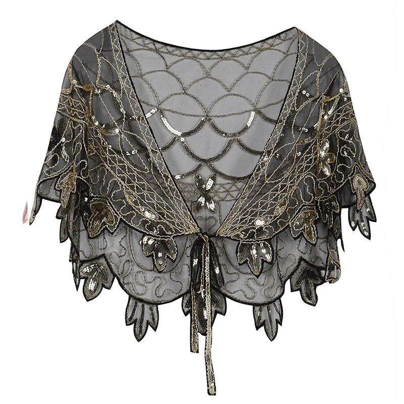 Black Gold Винтажная шаль 1920 s, расшитая блестками и бисером, короткая накидка, украшенная бисером, Гэтсби, вечерние, сетчатые, короткие, накидка, Аксессуары для платья - Цвет: Black Gold