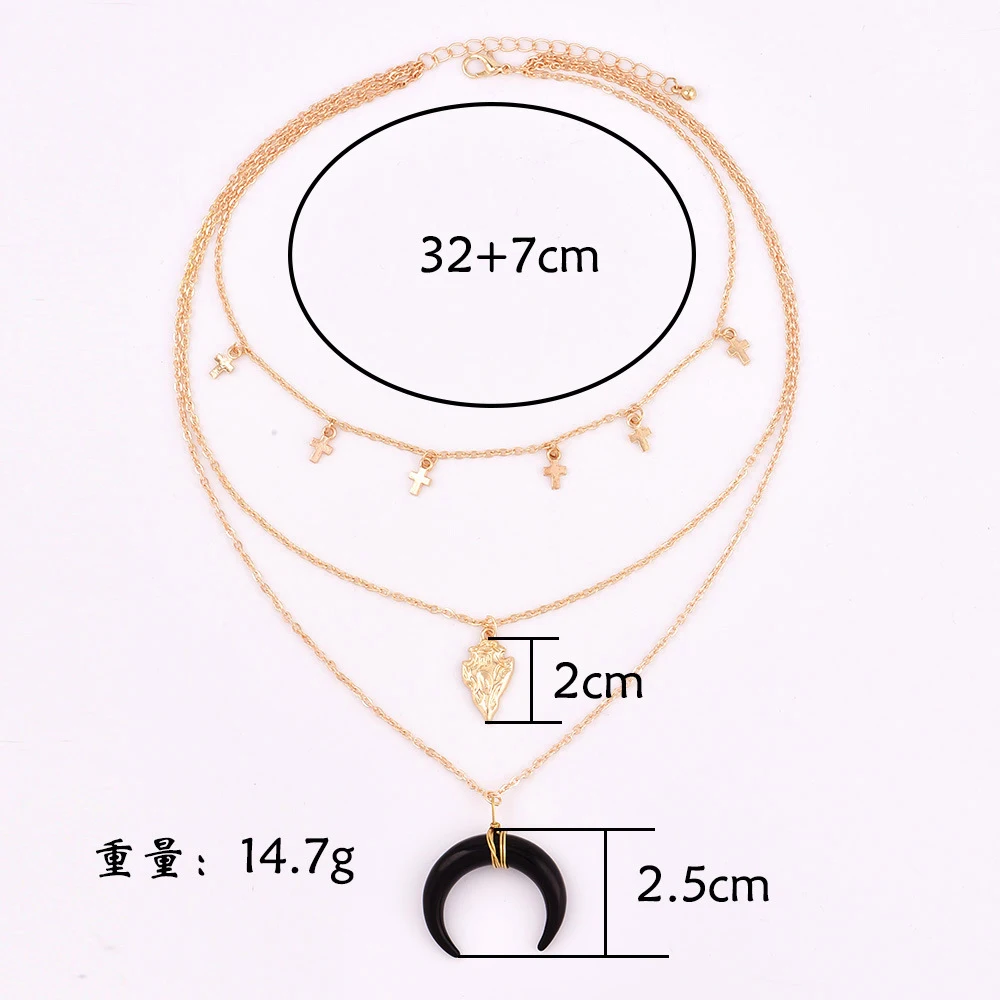 MAA-OE Vintage Fashion Gold Metal Pendant Necklaces For Women Boho Black Moon Stone Cross Geometry Multi Layer Necklace Jewelry | Украшения