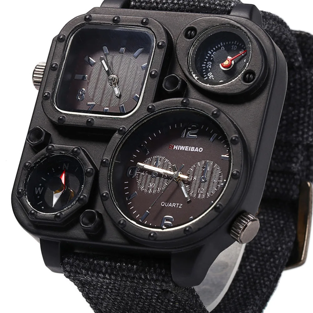 SHIWEIBAO Men's Big Dial Dual-Movement Sport Quartz Watch with Military Compass, Canvas Wristwatches - Relogio Masculino image 3