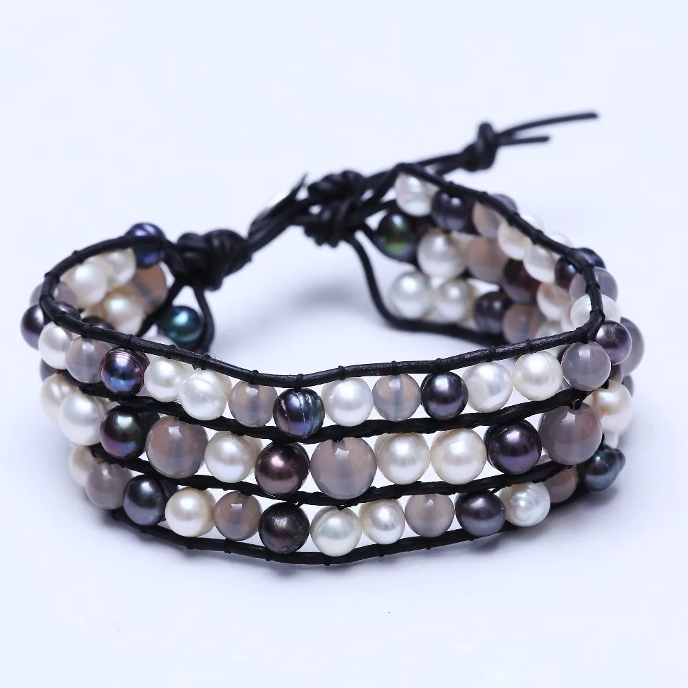 

Новинка 2016, модный коричневый браслет из натуральной кожи, Пресноводный Жемчуг с розовыми кристаллами, ювелирные изделия