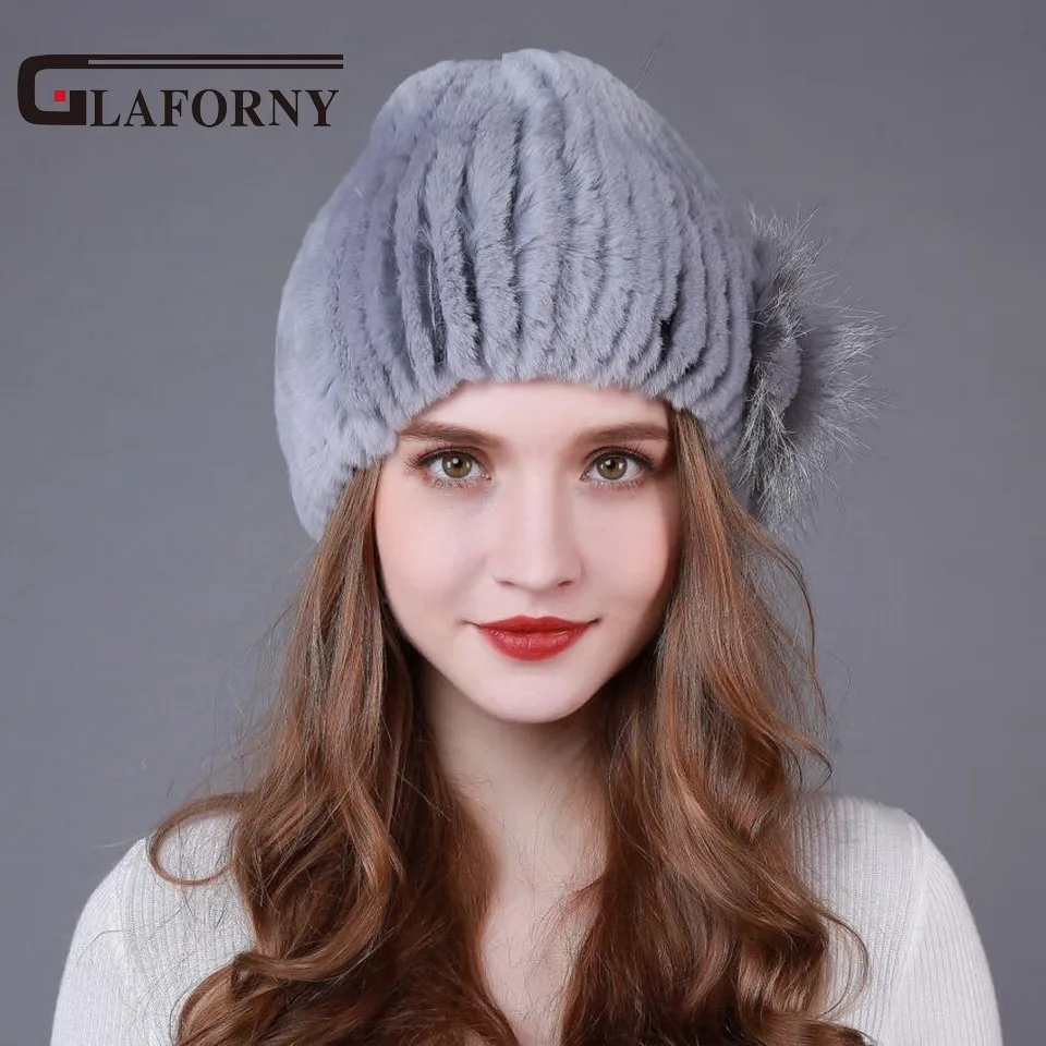 Женская вязаная шапка Glaforny меховая из натурального меха Рекс и кроличьего с