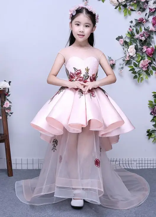 Baby girls elegant train lace dresses children satin pink purple red kids long tail evening gown party wedding christmas | Детская