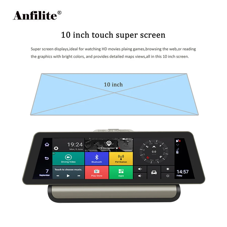 Anfilite 10 дюймов 3G/4G Android автомобильный видеорегистратор 1080P видеокамера GPS
