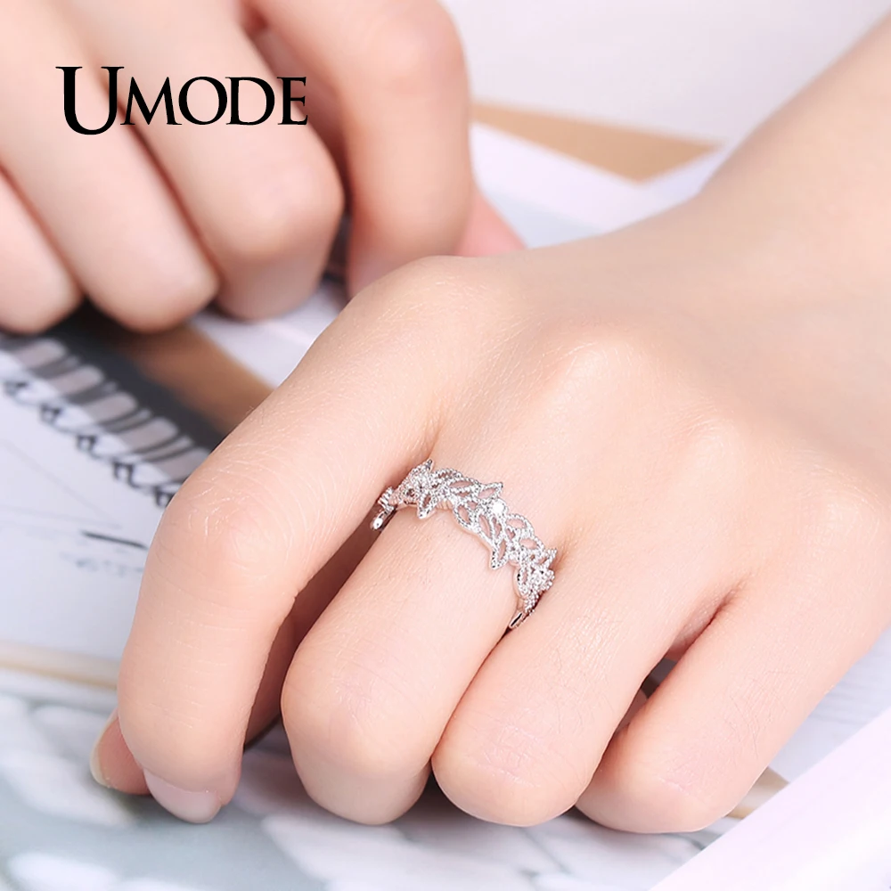 UMODE брендовые кольца в виде оливкового листа для женщин Белый Золотой Топ CZ