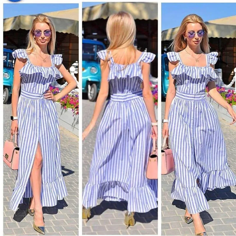 Новый летний Boho Стиль длинное платье Для женщин сексуальная оборками и пуговицы