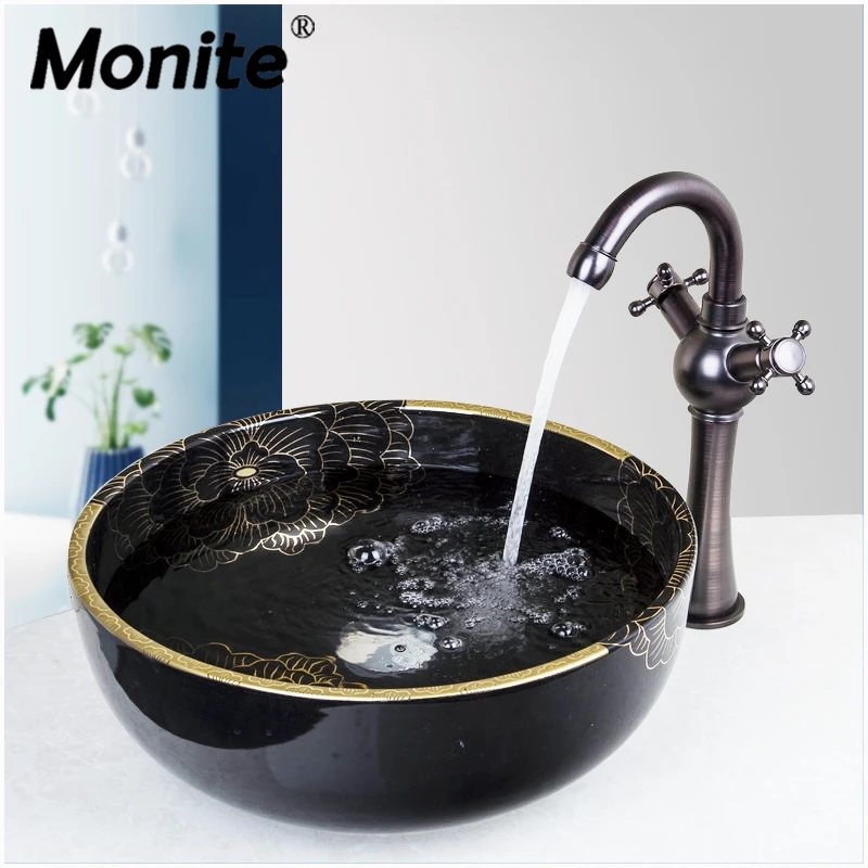 Monite черный круглый умывальник раковины раковина 2 ручки ORB твердая латунь