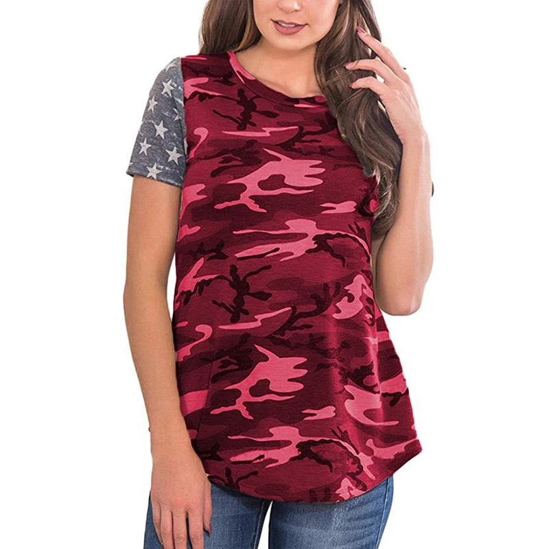 Летняя футболка женская с коротким рукавом камуфляжная звезда лоскутный принт