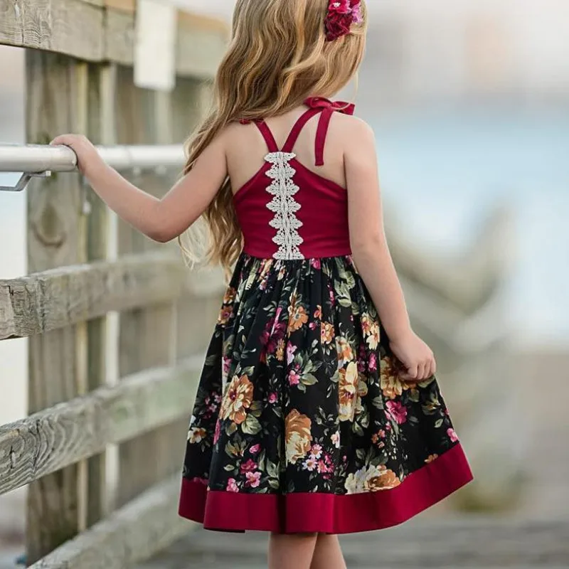

Kids Clothes Summer Girls Dresses 2019 New England Toddler Sleeveless Flower Print Lace Party Dress Children Princess Dress 1-5Y