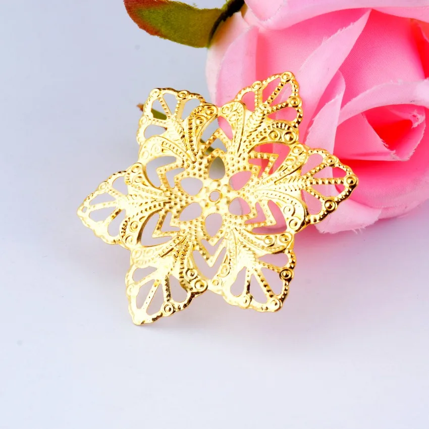 

Free shipping Retail 5 Golden Filigree Flower Wraps Connectors Metal Crafts Gift Decoration DIY Findings Connectors 57mm F0412