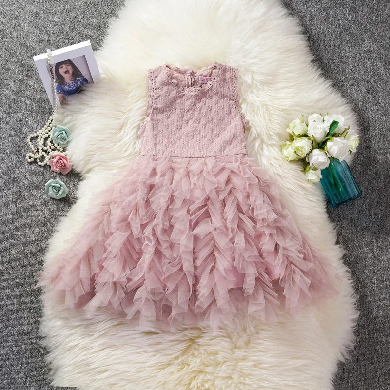 Feathers Ball Gown Girls Dress Kids Princess Birthday Party Tutu Lace Flowers Sleeveless Dresses Baptism Vestido | Детская одежда и