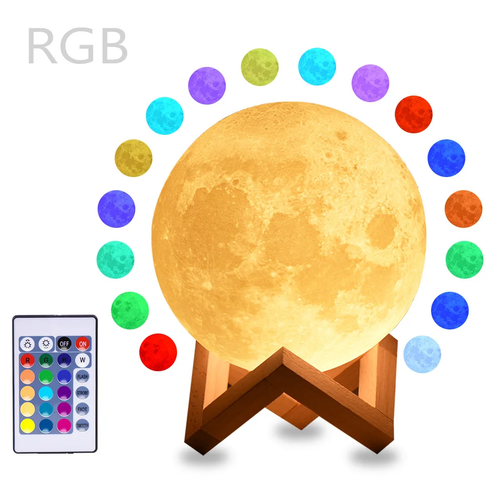 16 colors remote Rambery moon лампа с 3d принтом, Ночной светильник, перезаряжаемый, 3 цвета, с управлением, светильник s, 16 цветов, сменный, дистанционный, светодиодный, лунный светильник, подарок - Испускаемый цвет: 16 colors remote