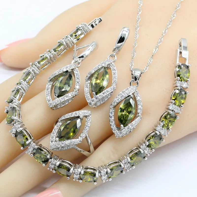 

Silver Color Jewelry Sets For Women Olive Green Cubic Zirconia Bracelet Earrings Necklace Pendant Rings Free Gift Box