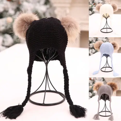 Winter Newborn Baby Kid Girl Warm Knit Beanie Hat Pom Beret Crochet Hemming Cap Double Spheres Braid Woolen 1-5T | Детская одежда и
