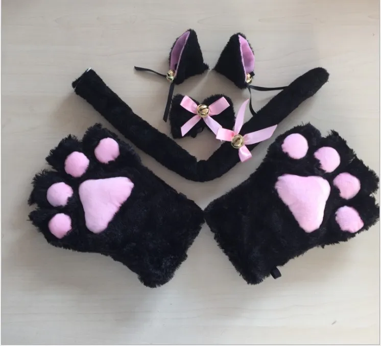 black Orejas de Zorro Cola de gato ошейник лапы Косплей Аниме Neko Traje de Felpa Garras Guantes Lazo Cola - Цвет: black