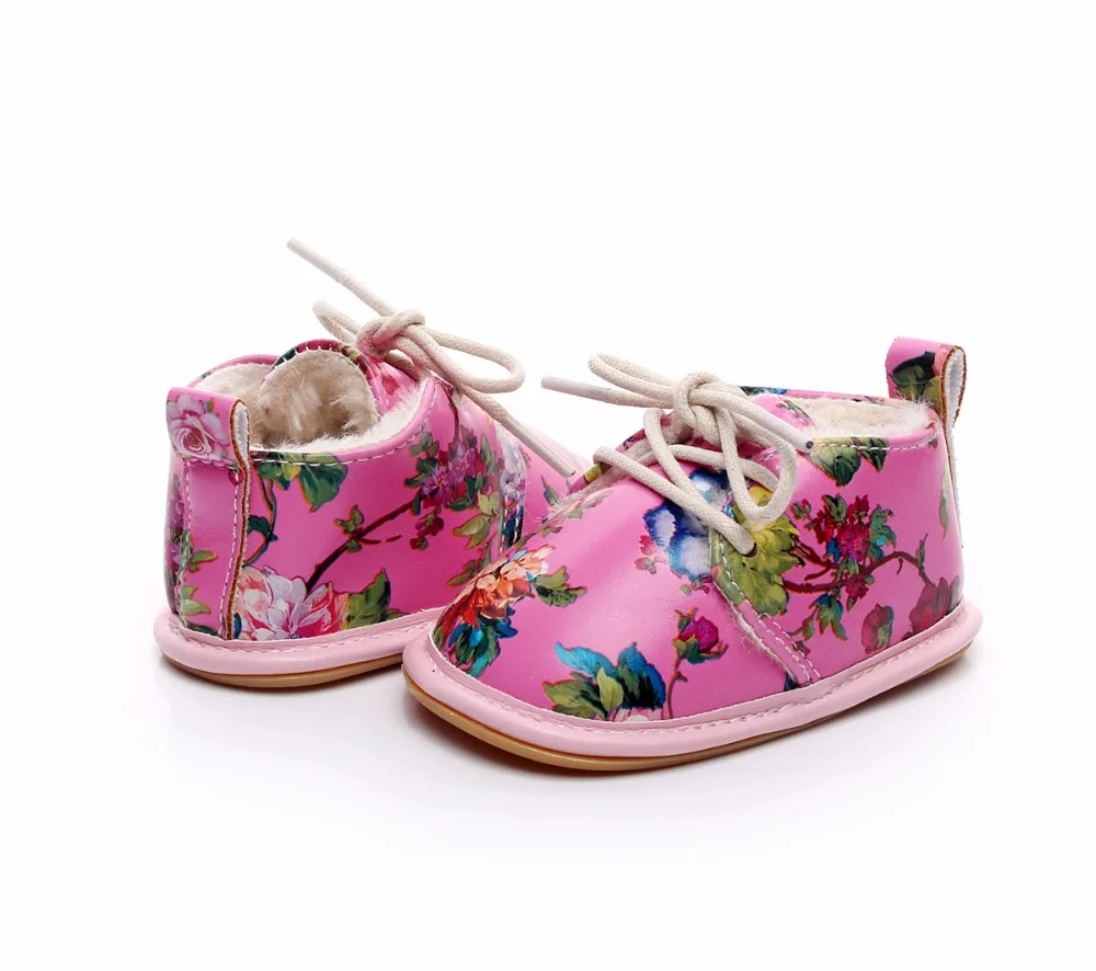 VIP Dropshiping lace up floral printing baby moccasins super warm PU leather fur winter baby shoes toddler girls boys snow boots