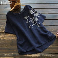 2021 zanzea vintage embroidery tops womens summer blouse kaftan linen short sleeve tee shirts female o neck blusas s tunic