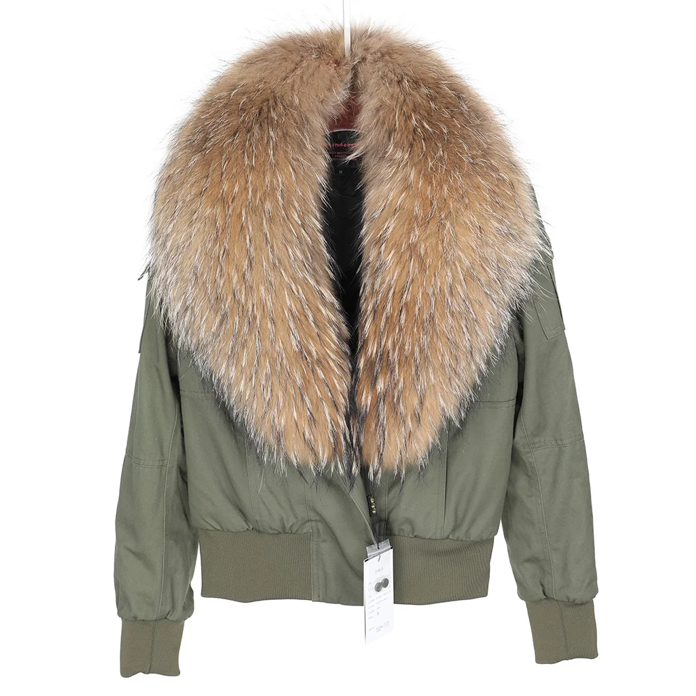 

New Raccoon Fur Big Collar Army Green Winter Warm Short Jacket Flight Suit Slim Pike Women's